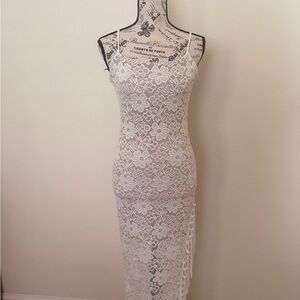 Floral Lace Maxi Dress in White - Sleek Spaghetti Strap Design